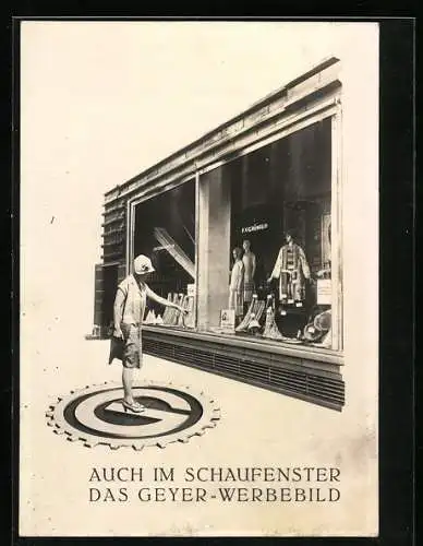 Vertreterkarte Berlin, Geyer-Werke A.G., Schufenster mit Geyer Werbebild