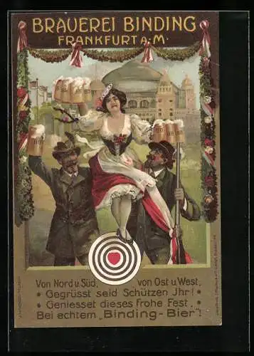 Vertreterkarte Frankfurt a. M., Brauerei Binding, Schützen mit Flinte und Schankmaid, Bierkrüge