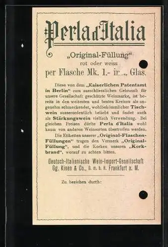 Vertreterkarte Frankfurt / Main, Perla d`Italia, Deutsch-Italienische Wein-Import-Gesellschaft Gg. kinen & Co.