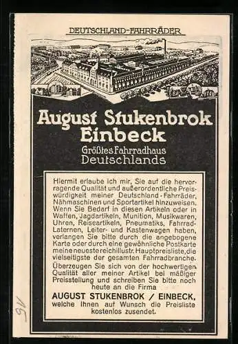 Vertreterkarte Einbeck, August Stukenbrok, Grösstes Fahrradhaus Deutschlands, Deutschland-Fahrräder, Werksansicht