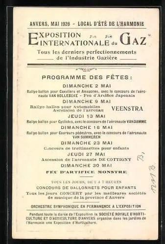 Vertreterkarte Anvers 1926, Exposition Internationale du Gaz, Programme des Fêtes