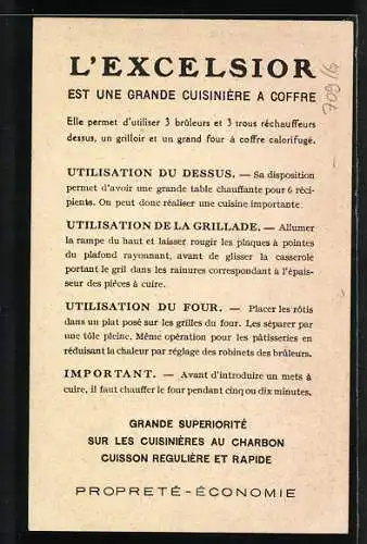 Vertreterkarte Lyon-Paris, Cuisinieres a Gaz, Brachte Richard & Cie., L.Excelsior est une grande Cuisiniere a Coffre