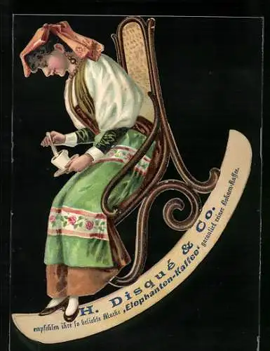 Vertreterkarte H. Disque & Co., Elephanten-Kaffee, Frau in Tracht trinkt Kaffee im Schaukelstuhl