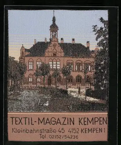 Vertreterkarte / Werbebillet Textil-Magazin Kempen, Kleinbahnstrasse 45, aus Stoff gewebt