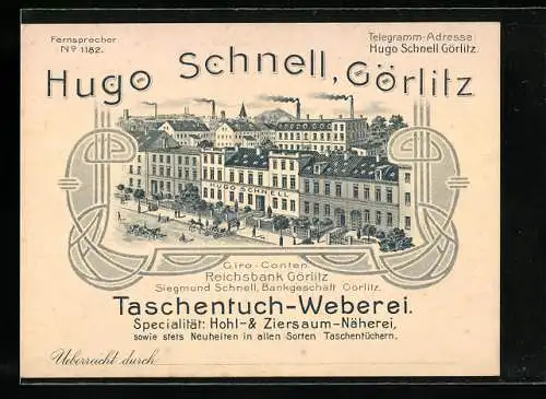 Vertreterkarte Hugo Schnell Taschentuch-Weberei aus Görlitz, Blick auf das Firmengebäude