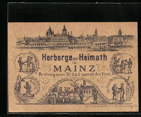 Werbebillet Herberge zur Heimath in Mainz, Rentengasse 3 /5, Szenen eines Jungen zur Ausbildung