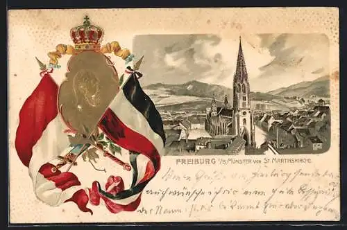 Passepartout-Lithographie Freiburg i. B., Münster von der St. Martinskirche, Grossherzog Friedrich von Baden