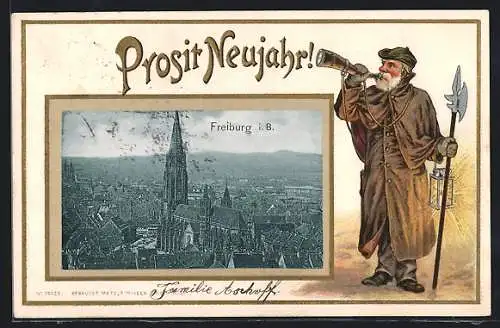 Passepartout-Lithographie Freiburg i. B., Münster, Nachtwächter wünscht Prosit Neujahr