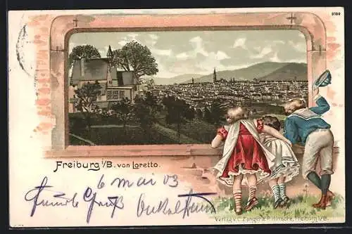 Passepartout-Lithographie Freiburg / Breisgau, Kinder gucken auf die Stadt