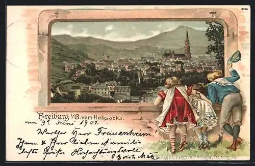 Passepartout-Lithographie Freiburg i. B., Stadtansicht vom Hebsack aus, Kinder blicken auf die Stadt
