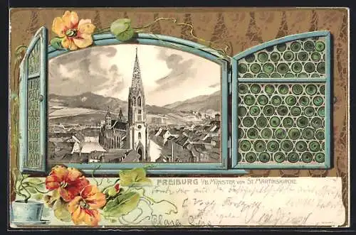 Passepartout-Lithographie Freiburg / Breisgau, Fenster mit Blumen der St. Martinskirche und Blick auf das Münster