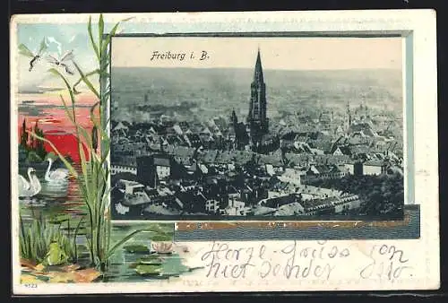 Passepartout-Lithographie Freiburg i. B., Münster im Stadtbild, Abendstimmung am Schwanenteich
