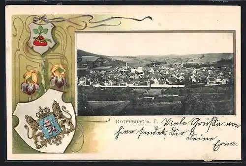 Passepartout-Lithographie Rotenburg a. F., Ortsansicht mit Umgebung, Wappen und Schwertlilien