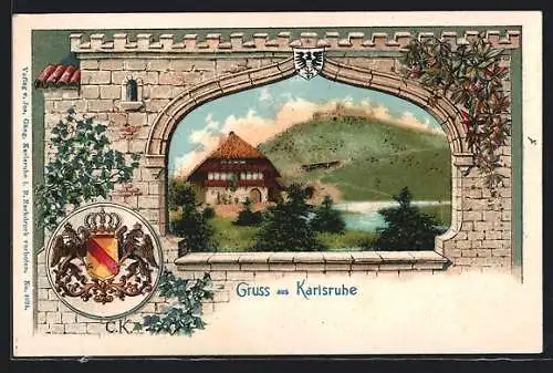 Passepartout-Lithographie Karlsruhe, Gebäudeansicht mit Burg im Hintergrund, Wappen
