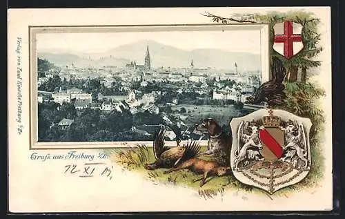 Passepartout-Lithographie Freiburg i. B., Panoramablick auf die Stadt, Wappen und Jagdhund