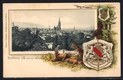 Passepartout-Lithographie Freiburg i. B., Blick auf die Stadt, Wappen und Jagdhund