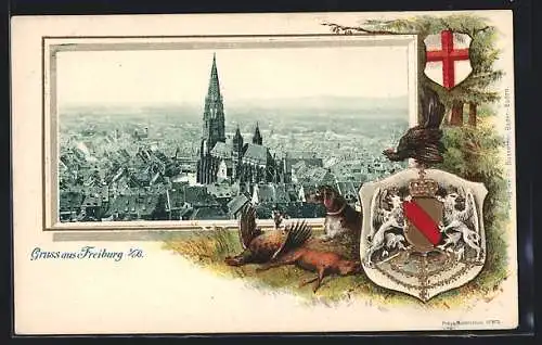 Passepartout-Lithographie Freiburg i. B., Münster und Stadt, Wappen und Jagdhund