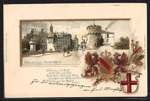 Passepartout-Lithographie Freiburg / Breisgau, Strasse am Stadteingang und Wappen mit Goldverzierungen