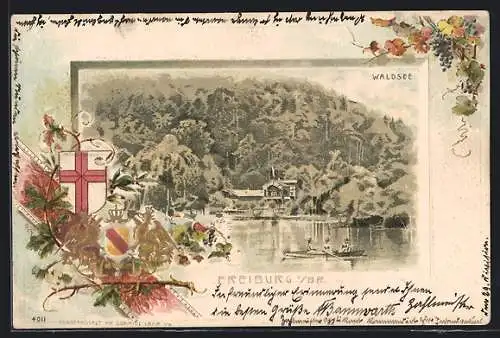 Passepartout-Lithographie Freiburg i. B., Waldsee, Wappen und roter Wein