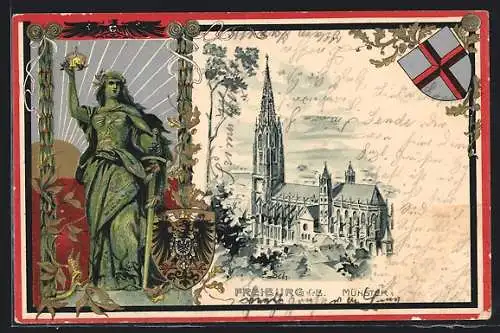 Passepartout-Lithographie Freiburg / Breisgau, Blick auf die Münster