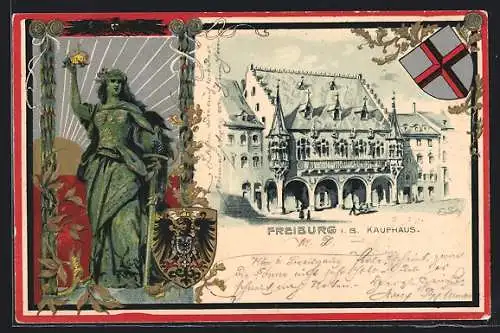 AK Freiburg / Breisgau, or dem Kaufhaus, Wappen und Denkmal