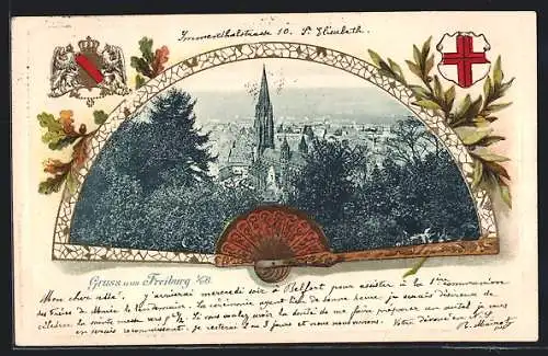 Passepartout-Lithographie Freiburg i. B., Ortsansicht im Fächer, Wappen