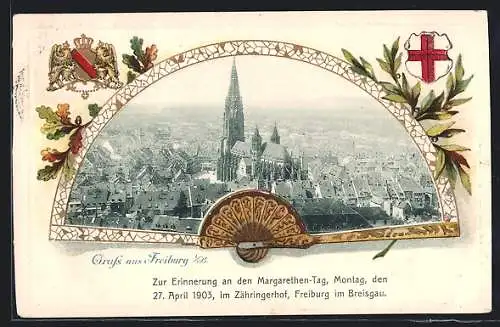 Passepartout-Lithographie Freiburg i. B., Münster, Ansicht auf Fächer, Wappen