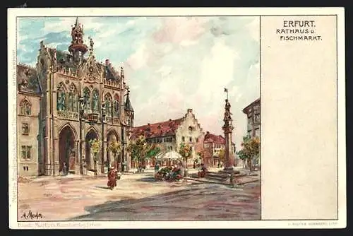 Künstler-AK Erfurt, Rathaus und Fischmarkt