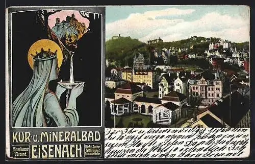 AK Eisenach / Thüringen, Totalansicht, Kur- & Mineralbad, Mineralwasserversand, Heilige Maria schhöpft Wasser vom Bach