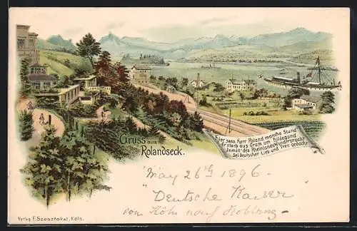 Lithographie Rolandseck, Rheinblick mit einem Ausflugsdampfer, Kurhaus über der Bahnstrecke
