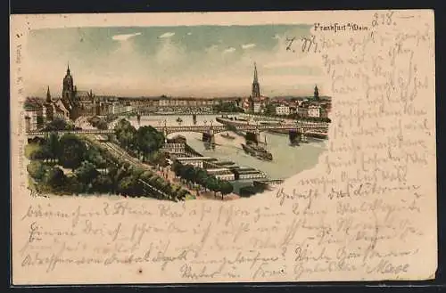 Lithographie Alt-Frankfurt, Teilansicht mit Dom und Brücken