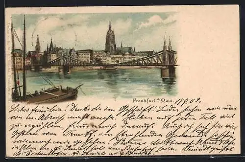 Lithographie Frankfurt a. Main, Uferpartie mit Kirche und Brücke