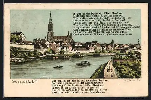 Lithographie Ulm / Donau, Uferpartie mit Münster