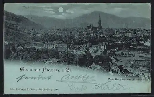 Mondschein-AK Freiburg i. Br., Teilansicht mit Kirche