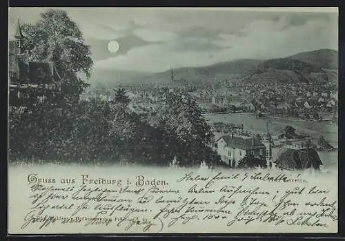 Mondschein-AK Freiburg / Breisgau, Teilansicht mit Kirche vom Loretto aus