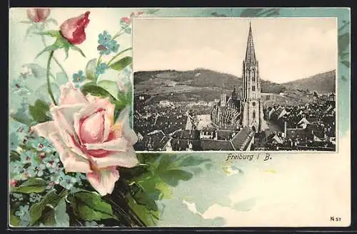 AK Freiburg i. B., Teilansicht mit Kirche, Rosen und Vergissmeinnicht, Passepartout