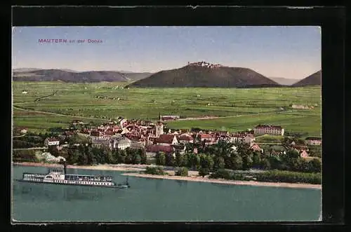 AK Mautern a.d. Donau, Ortsansicht mit Dampfschiff