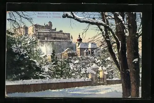 AK Salzburg, Nonnberg und Festung im Winter