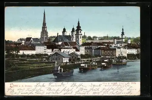 AK Linz a. D., Ortsansicht mit Flusspartie und Dampfern