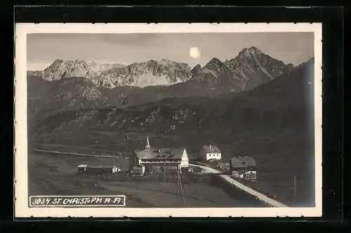 AK St. Christof a. A., Ortsansicht gegen Bergpanorama