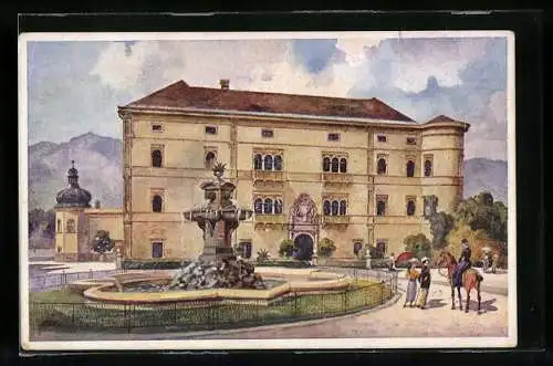 Künstler-AK Spittal a. d. Drau, Schloss Portia mit Brunnen