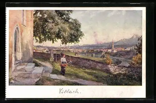 Künstler-AK Villach, Junge Frau vor der Kirche