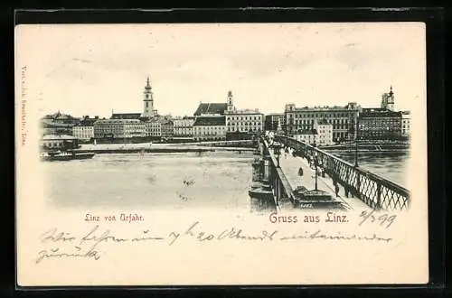 AK Linz, Ortsansicht mit Brücke von Urfahr aus