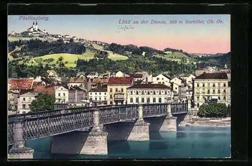 AK Linz an der Donau, Ortsansicht mit Pöstlingberg und Brücke