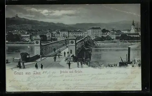 Mondschein-AK Linz, Brücke und Urfahr