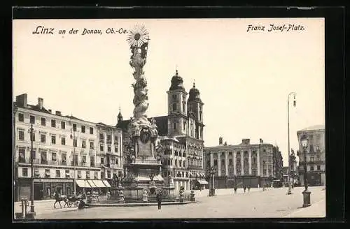 AK Linz an der Donau, Franz Josef-Platz mit Gasthof zur Stadt Frankfurt und Denkmal