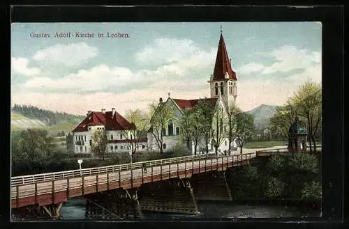 AK Leoben, Blick auf Brücke und Gustav Adolf-Kirche