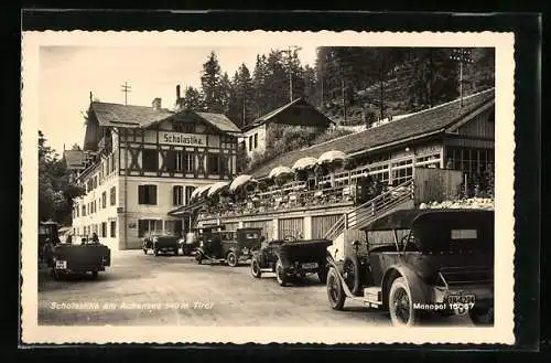 AK Achensee /Tirol, Hotel-Gaststätte Scholastika mit Autos