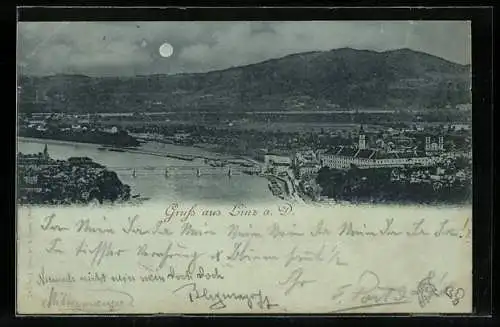 Mondschein-AK Linz a. D., Teilansicht aus der Vogelschau