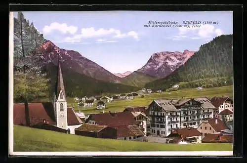 AK Seefeld /Tirol, Ortsansicht mit Karwendel, Mittenwaldbahn